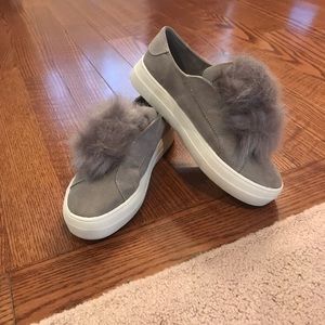 Grey Pom Pom Slip On Shoes